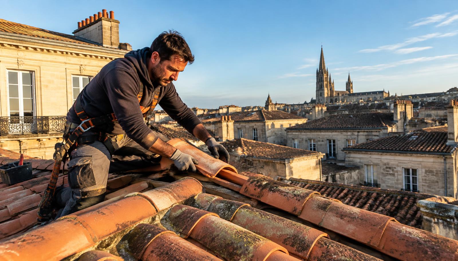Couvreur E.B Couverture posant une tuile canal sur un toit à Bordeaux